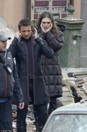 Jeremy Renner and Elizabeth Olsen on set