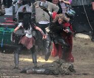 Jaimie Alexander and Chris Hemsworth on set as Sif and Thor.