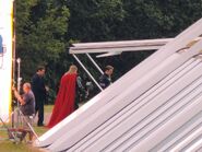 Chris Evans, Chris Hemsworth, and Robert Downey Jr. on set in Norwich, UK