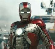 Stark confronting Ivan Vanko in the Mark V Iron Man suit.