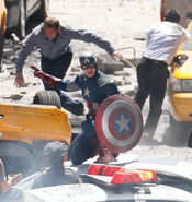 Chris Evans on set in costume.