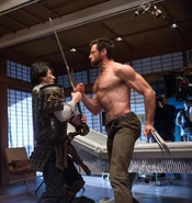 Hiroyuki Sanada and Hugh Jackman on set.