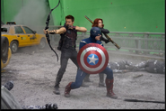 On set with Chris (Captain America), Scarlett (Black Widow) and Jeremy (Hawkeye).