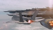 An F-35 flying by the Helicarrier.