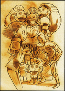 Zangief with Iceman, Tron Bonne, and Servbots in the ending