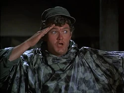 In "Chief Surgeon Who?" Robert Gooden as Boone directs General Barker to Henry Blake's tent. "Were you born in this position?" asks Barker. "Yes, sir- No, sir!"