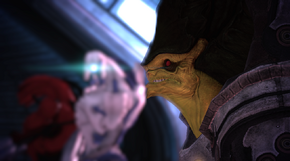 A krogan battlemaster and geth troopers