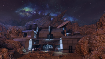 Blue Suns base backdropped by the Sanctum night sky