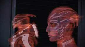 The asari Councilor and her turian counterpart communicating through a hologram