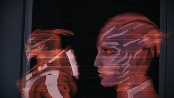 The asari Councilor and her turian counterpart communicating through a hologram
