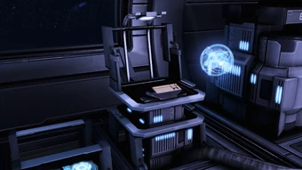 The intel terminal in Liara's cabin with Glyph attending
