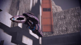 A geth dropship bombards quarians' defensive position
