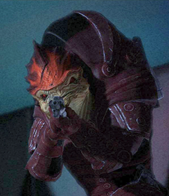 Urdnot Wrex, one of the last Battlemasters, using his shotgun