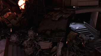 PROTIP: that big slab of debris is your way to the second floor, and the area is so dark you won't see the med-kit except for its GUI indicator.