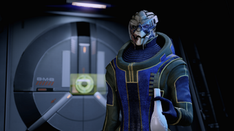 Garrus brings the best wine he can afford to a date night