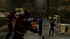 Two batarian commanders and their gaggle of flunkies