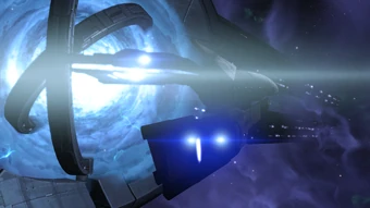 A starship performing a flyby along a mass relay's length seconds before going FTL