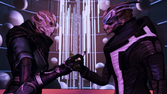 While turians are known for military-grade discipline, males and females of the species alike aren't averse to more relaxed forms of social interaction