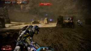 Typical combat-HUD scene. Note these details: Tali's powers are on cooldown (indicated by the white line below her face icon, bottom-center); and Shepard's shields are a little above half capacity (indicated by the brighter-blue arc of the blue semicircle, bottom-center); and the faint-white semicircles nearing the aiming reticule (center), indicating that Shepard has recently used a power.