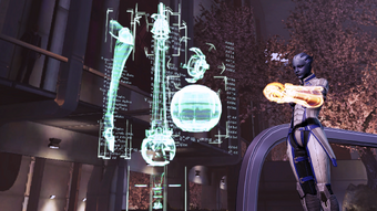 Liara presenting the Crucible's schematics to the Council