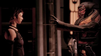 The quarantine guard uses hand gestures to accentuate his desire for the human to get lost