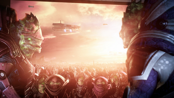 Wrex basking in adulation from the krogan hordes, free from the genophage and sporting modifications from the organic-synthetic merge