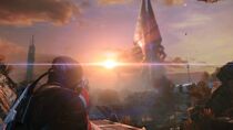 Shepard observando a El Soberano en Eden Prime (Mass Effect Legendary Edition)