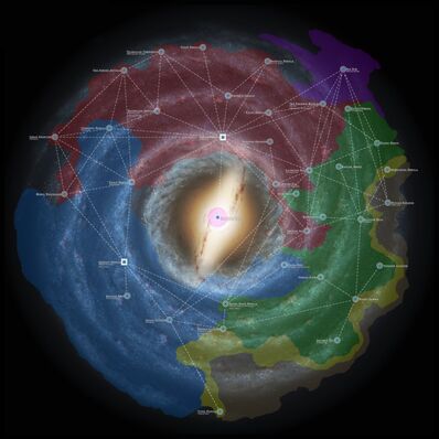 Blau: Citadel Sektor, Rot: Terminus Gebiet, Grün: Attika Traverse, Gelb: Skyllianischer Randsektor, Lila: Geth Gebiet, Braun: Batarianer Gebiet