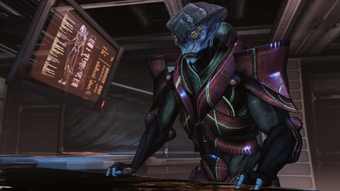 Javik takes up quarters in Grunt's former residence alternately washing hands or studying/giving the Prothean take on current events