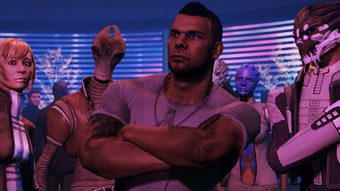 Shepard and Vakarian's dance draws a lot of attention, with James among the crowd for some reason