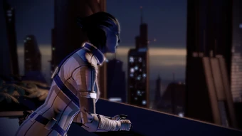 Liara takes in the view while discussing the plan with Shepard
