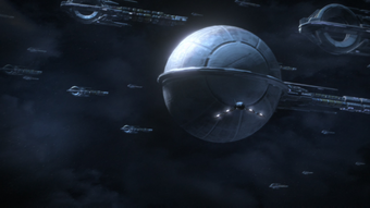 The Normandy on approach to the quarian Migrant Fleet