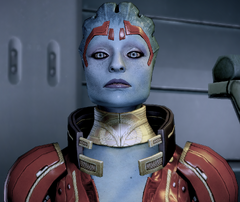 Samara, an asari Justicar and member of Shepard's team in 2185.