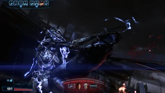 A Banshee lifting Shepard before inflicting the lethal blow (shields or no shields).