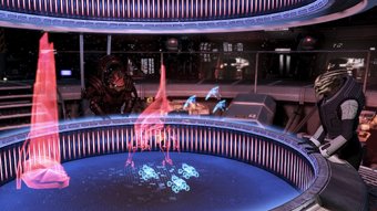 Wrex and Victus formulate a battle plan for the Shroud with Shepard's help