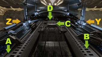 Take cover at (A) for enemy waves approaching from (Y), and switch to (B) for waves coming from (Z); the middle wave is Rocket Drones, from which you can shelter at (C). Your squadmates can hide at (D) for the duration of the fight, and should be fairly safe as long as you cover them.
