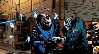 Garrus Vakarian and his squad under fire