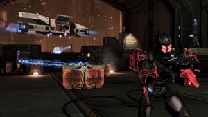 Cerberus mechs supported by Shield Pylons on Omega