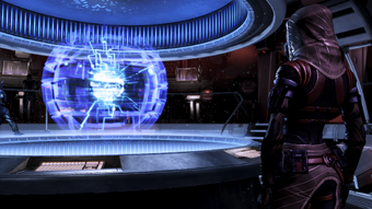 The geth unit onboard the Normandy displays a visual representation of 10 networked geth units' processing signal