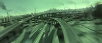 Overview of Mega City highways from Neo's POV in flyover.