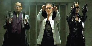 Seraph, Morpheus, and Trinity about to battle with the Club Hel guards