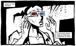Tiera, looking through a pair of red-blue 3D glasses representing both another way of seeing the world and the red and blue pills she was offered