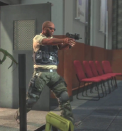 A Cracha Preto militiaman opens a door and tries to kill Giovanna, only to get shot by Max Payne.