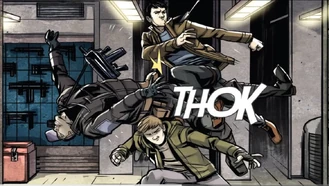 "Newt being helped by Thomas while stumbling over a WCKD soldier