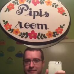 "Pipis Room" comes from one of Griffin's vines, where he is running around looking for "all the pepis," and becomes relieved when he finds the sign in the bathroom.