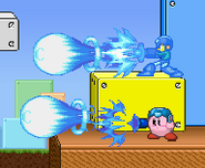 Kirby and Mega Man shooting a Mega Buster in Mushroom Kingdom III.