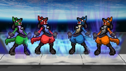 Four of Lucario's different costumes.