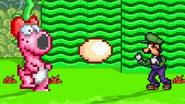 Luigi crouching to avoid Birdo's eggs in Mushroom Kingdom II.