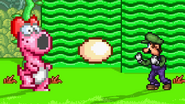 Luigi crouching to avoid Birdo's eggs, on Mushroom Kingdom II.