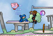 The Smash Ball near Mega Man, Kirby and Sora.